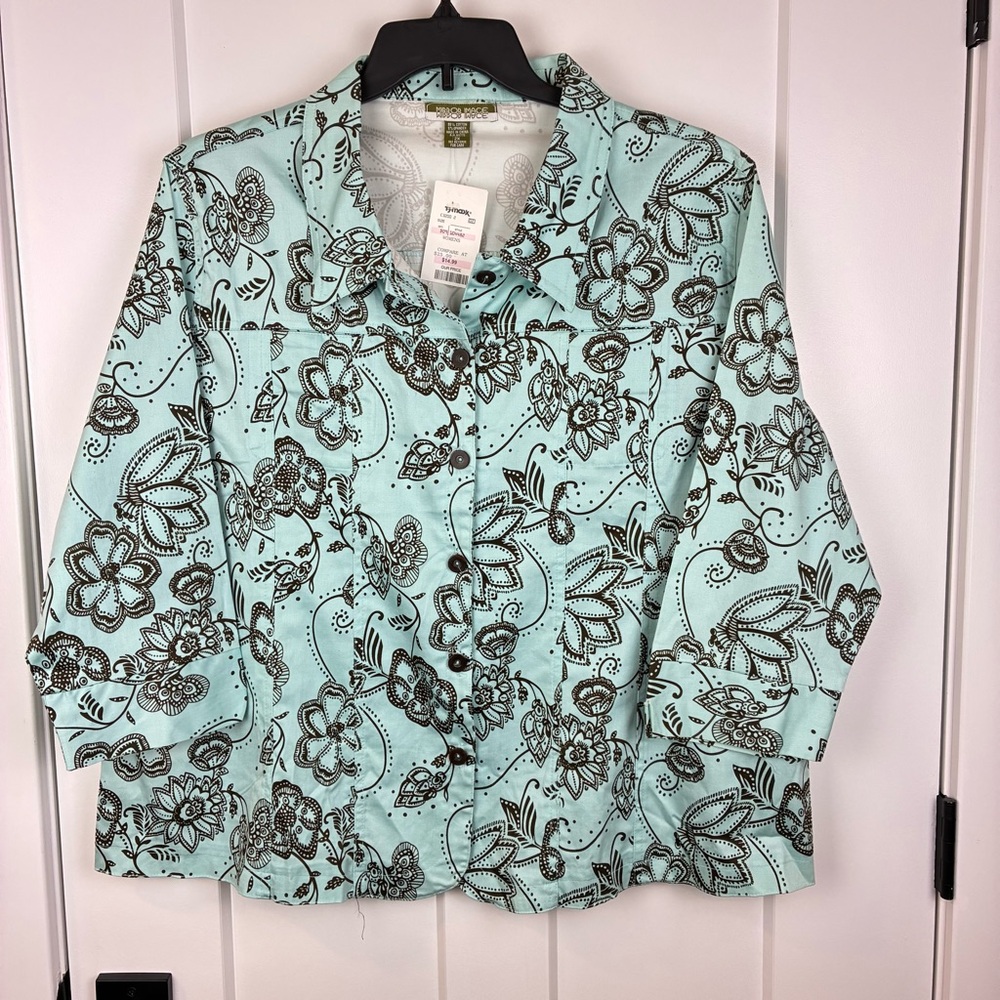 NWT Mirror Image Women's Teal Brown Floral Office Casual Top Shirt Size 2X  h